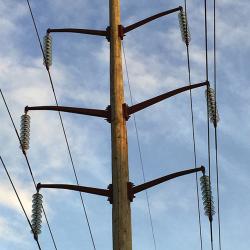 Weathering steel davits on round wood pole.